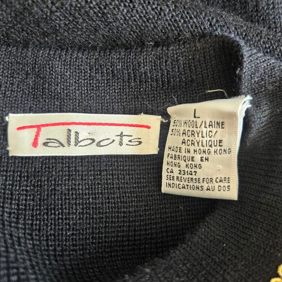 Vintage Talbots Wool Cardigan Sweater Black Gold Trim Holiday Women Large - Picture 10 of 11